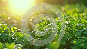 A vibrant field of green plants basking in the suns radiant glow, A field full of fresh mint leaves under the morning sun