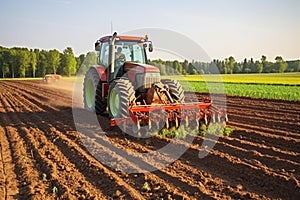 Vibrant Fields: A Majestic Red Tractor Plowing with Lively Corn Rows