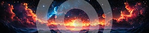 A Dreamy Cosmic Landscape with Planets and Fiery Clouds in Space photo