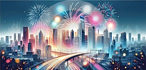 Vibrant Fireworks Display Over City Skyline Illustration, AI Generated