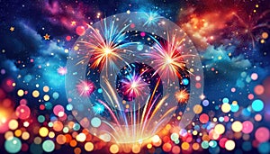 Vibrant Fireworks Display with Stars and Bokeh Lights, AI Generated