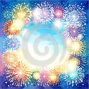 Vibrant Fireworks Frame Against a Light Blue Sky Celebration Background
