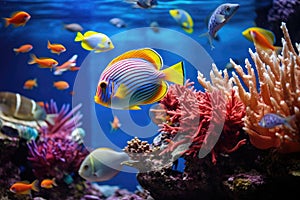 Vibrant Fish Aquarium Brimming With Colorful Marine Life, Tropical fish depicted on a coral reef in the ocean, creating an