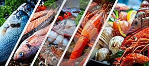 Vibrant fish products collage with 7 segments, showcasing diverse fresh seafood in bright lighting