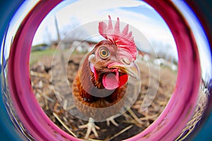 vibrant fisheye view of a chicken with feathers ruffling