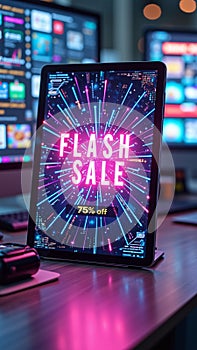 Vibrant flash sale advertisement on tablet screen in modern office setting