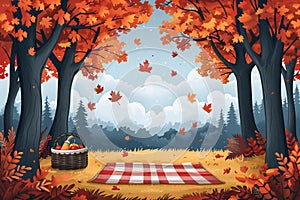 A vibrant flat illustration of a family picnic on a picnic blanket with a basket