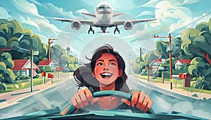 Colorful Flat Illustration of a Young Girl Driving a Convertible Car on a Remote Road with an Airplane Flying Parallel in the Sky photo