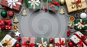 Festive Christmas Gifts and Ornaments Frame on Grey Background
