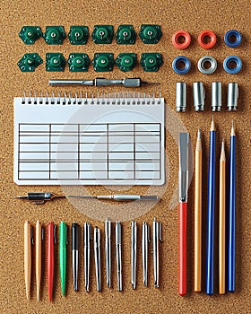 Creative tools and stationery on cork, vibrant flat lay for projects and office.