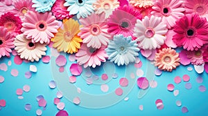 Vibrant flat lay with gerbera daisy flowers on background with confetti