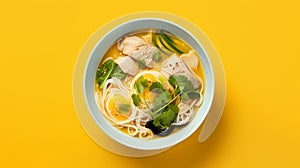 Stylish Fish Head Noodle Soup On Yellow Background