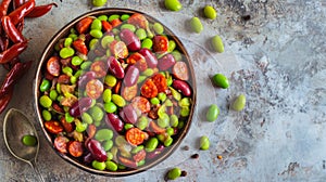 Vibrant Flavors of Portugal: A Delightful Combination of Broad Bean and Chorizo on a Nostalgic Vinta photo