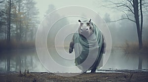 Vibrant Floating Hippopotamus In Monotone Forest Hasselblad Photoshoot photo