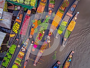 Vibrant Floating Market: Aerial View of Colorful Produce