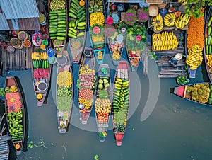 Vibrant Floating Market: Aerial View of Colorful Produce