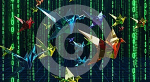 Digital Origami Cranes Flying in Binary Code Matrix