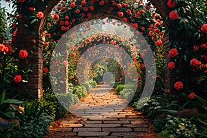 Vibrant floral archway in blooming garden