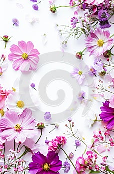 Vibrant Floral Arrangement Bordering a Blank White Background for Creative Design