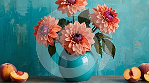 Vibrant Floral Arrangement: Teal Dahlias in Coral Vase, Accented photo