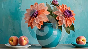 Vibrant Floral Arrangement: Teal Dahlias in Coral Vase, Accented photo