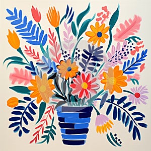 Vibrant Floral Bouquet In Blue Vase - Acrylic Painting Inspired By Mary Blair And Pablo Munoz Gomez