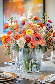 Vibrant floral centerpiece on a dining table set for a festive occasion