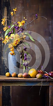 Vibrant Florals: Orchid And Mangoes On A Wooden Table