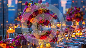 Vibrant flower arrangements and glowing candles adorn the tables adding a touch of color to the urban backdrop. 2d flat