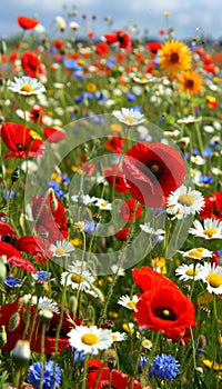 Vibrant flower fields in full bloom with sunflowers, poppies, daisies, bees, and butterflies