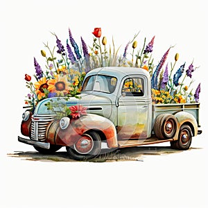 Vibrant Flower-filled Farm Truck, Isolated on White Background - Generative AI