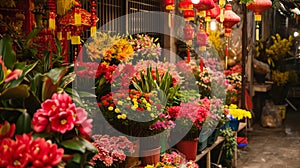 A vibrant flower market selling auspicious blooms and plants for the Chinese New Year