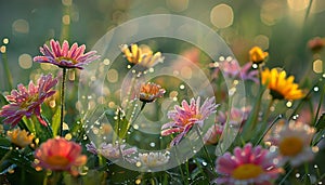 Vibrant flower petals glisten with dew in the meadow photo