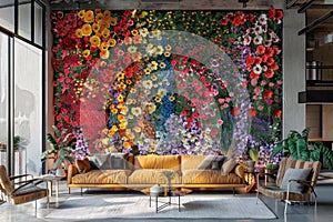 Vibrant flower wall in modern living room