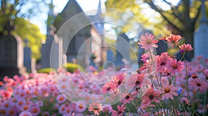 Vibrant flowers adorn cemetery with church and gravestone in detailed background view