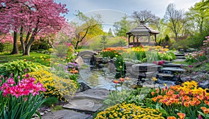 Vibrant flowers blossom, bringing beauty to nature formal garden