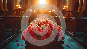 Vibrant Flowers on Coffin in Church Aisle Sunlight