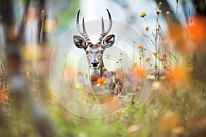 vibrant flowers framing a bushbuck in the wild