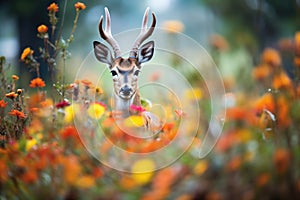 vibrant flowers framing a bushbuck in the wild