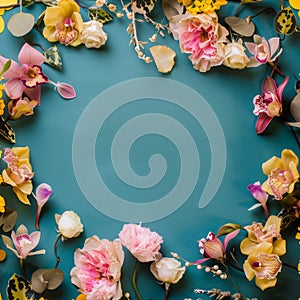 Vibrant flowers and leaves on a rich teal backdrop, crafting a message of love and nature's splendor. Orchids