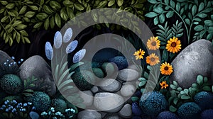 Vibrant flowers by a rocky pathway nature scene