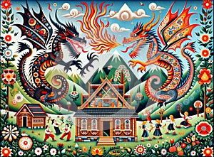 Vibrant folk art illustration depicting dragons and village life