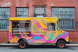 A vibrant food truck with bold colors is parked in front of a sturdy brick building, Vibrant food truck with hipster logo, AI