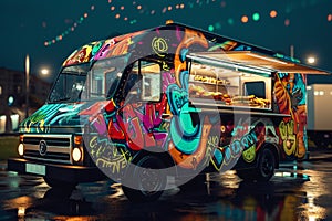A vibrant food truck filled with delicious eats and treats is parked in a busy parking lot, ready to serve hungry customers, Food