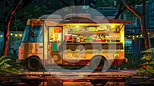 Vibrant Food Truck Illustration in the City at Night