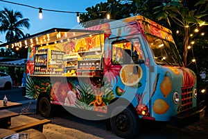 A vibrant food truck, with its colorful exterior, is parked in a bustling parking lot, Food truck with a tropical theme serving