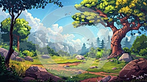 Enchanting Forest Landscape with Majestic Tree and Rocky Path