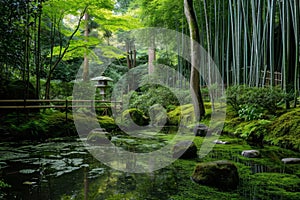 A vibrant forest teeming with numerous trees, offering a dense and verdant landscape, A tranquil bamboo and moss garden in Kyoto,