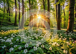 Vibrant forest view with golden sun rays, lush vegetation, and white wildflowers creating a serene atmosphere wallpaper background photo