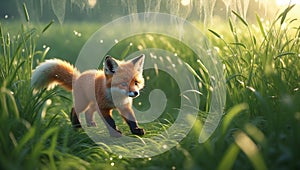 Adorable Red Fox Kit in Lush Green Grass at Sunrise